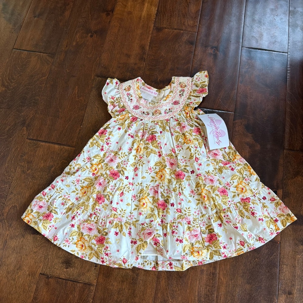 Bonnie Baby Floral Smocked Tiered Cotton Dress Ivory Pink 18M B5-10159-PS